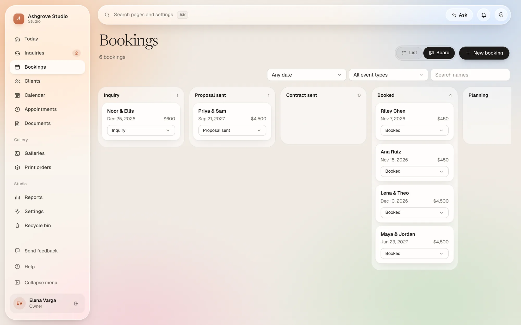 Studio's bookings board, sorted by stage.