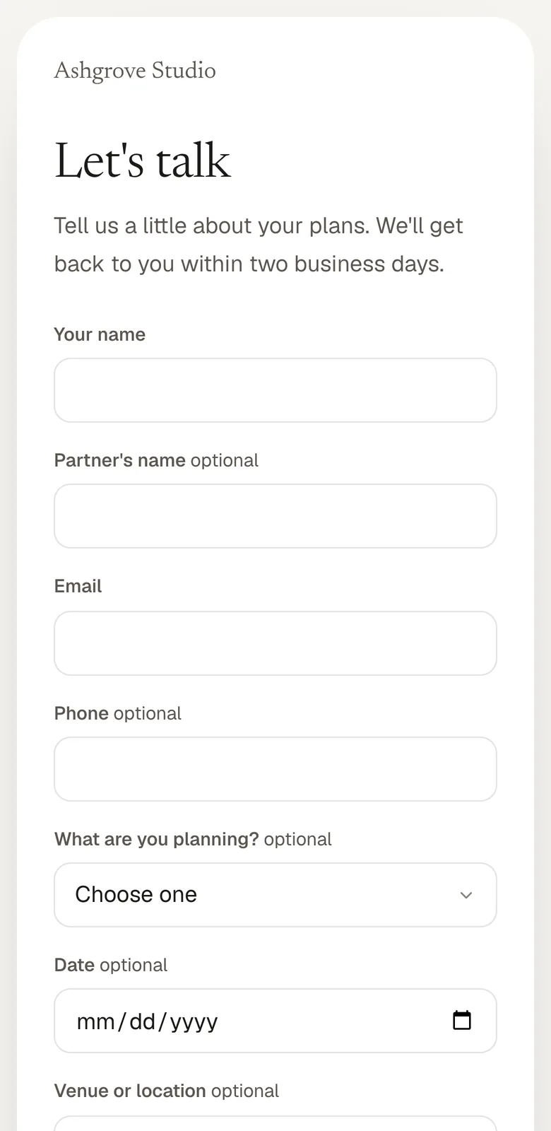 Studio's inquiry form on a phone.
